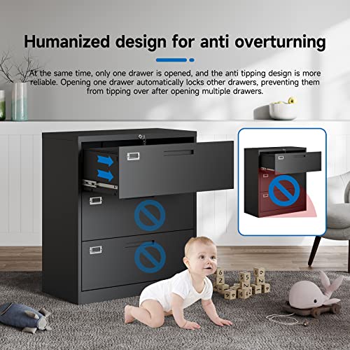 BYNSOE Lateral File Cabinet with Lock,Metal Storage File Cabinet 3 Drawer,Steel Lateral File Cabinet for Legal/Letter A4 Size,Wide File Cabinet for Office Home,Assembly Required