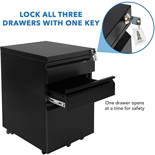 Mount-It! Mobile File Cabinet with 3 Drawers | Under Desk Rolling Storage with Lock for Supplies, Files, and Materials, Mobile Space Saving for Home and Office