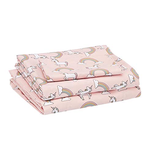 Amazon Basics Kid's Unicorns & Rainbows Soft Easy-Wash Microfiber Sheet Set, Twin, Peony Pink Unicorns