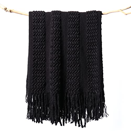 lifein Knitted Black Throw Blanket for Couch - Soft Spring Farmhouse Boho Throws, Cozy Waffle Knit Small Lightweight Blankets & Throws with Tassels for Home Decor,Bed,Chair,Sofa (Black, 50 * 60'')
