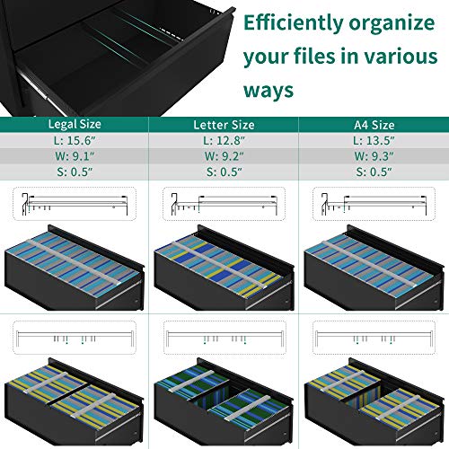 YITAHOME 3 Drawer Lateral File Cabinet with Lock, Metal Stainless Steel Wide Lateral Filing Cabinet for Legal/Letter A4 Size, Office Organizer Storage Cabinet, Black