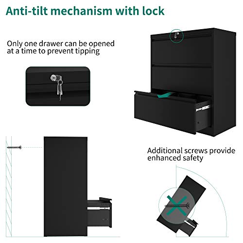 YITAHOME 3 Drawer Lateral File Cabinet with Lock, Metal Stainless Steel Wide Lateral Filing Cabinet for Legal/Letter A4 Size, Office Organizer Storage Cabinet, Black