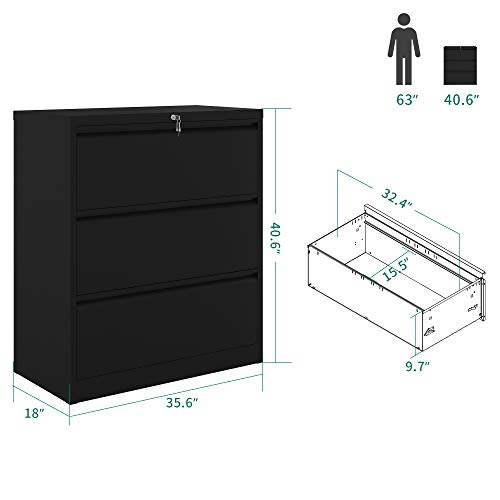 YITAHOME 3 Drawer Lateral File Cabinet with Lock, Metal Stainless Steel Wide Lateral Filing Cabinet for Legal/Letter A4 Size, Office Organizer Storage Cabinet, Black