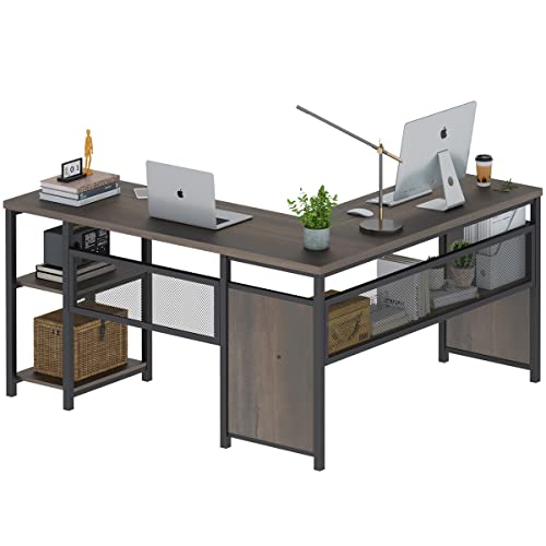 FATORRI L Shaped Computer Desk, Industrial Home Office Desk with Shelves, Rustic Wood and Metal Corner Desk (Walnut Brown, 59 Inch)