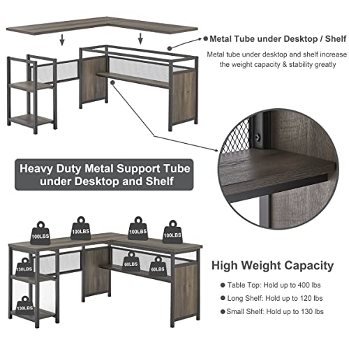 FATORRI L Shaped Computer Desk, Industrial Home Office Desk with Shelves, Rustic Wood and Metal Corner Desk (Walnut Brown, 59 Inch)