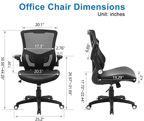 X XISHE Ergonomic Adjustable Height Home Desk, Swivel Mesh Midback Computer Lumbar Support and Flip-up Armrests Executive Office Task Chair, Black, 22.5x24x42