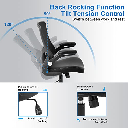 X XISHE Ergonomic Adjustable Height Home Desk, Swivel Mesh Midback Computer Lumbar Support and Flip-up Armrests Executive Office Task Chair, Black, 22.5x24x42