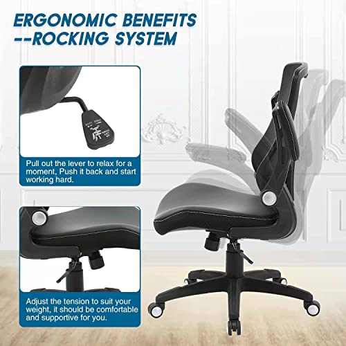 X XISHE Ergonomic Adjustable Height Home Desk, Swivel Mesh Midback Computer Lumbar Support and Flip-up Armrests Executive Office Task Chair, Black, 22.5x24x42