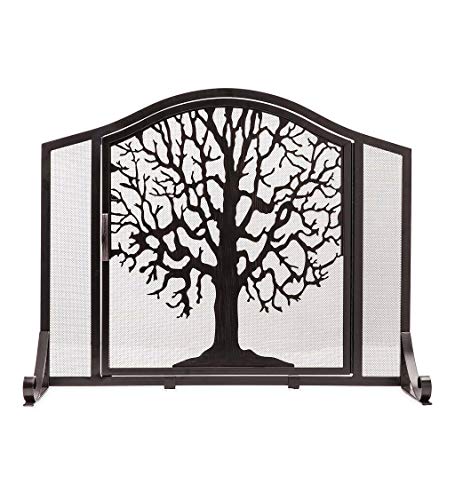 Plow & Hearth Metal Fireplace Screen Tree of Life Black | 38" W x 31" H | Flatguard | Spark Guard Indoor Grate | Iron Fire Place Cover | Wood Burning Stove Decorative Accessories