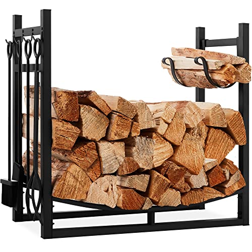 Best Choice Products 34.25in Firewood Log Rack & Tool Set Steel Wood Storage Accessory for Indoor Outdoor Fire Pit, Fireplace w/Kindling Holder, Shovel, Poker, Tongs, Brush