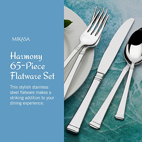 Mikasa Harmony 65 Piece Silverware Set, 18.10 Polished Mirror Stainless Steel, Service for 12 with Set
