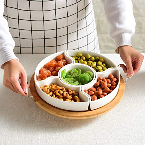 yarlung 10 Inch Ceramic Divided Serving Dishes with Bamboo Platter, Appetizer Tray 5 Removable Snacks Bowls for Candy and Nut, Chips and Dips, No Lid Included