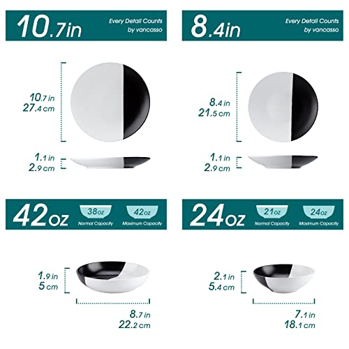 vancasso ACCEL Dinnerware Set, 16-Piece Service for 4, Dinner Plates, Dessert Plates, Pasta Bowls, Cereal Bowls, Black&White
