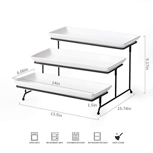 YHOSSEUN 3 Tier Serving Stand Tiered Serving Stand With 3 Porcelain Serving Platters Trays For Dessert Server Display Collapsible Sturdier Metal Rack Large size 14 inch