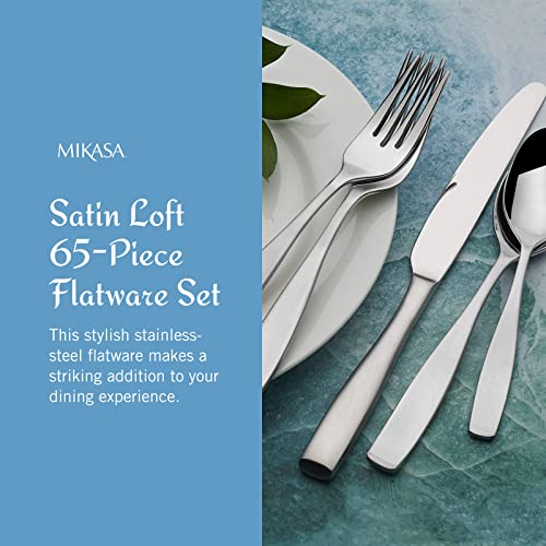 Mikasa Satin Loft 18/10 Stainless Steel Serving Utensil, 65-Piece Flatware Set, Service for 12