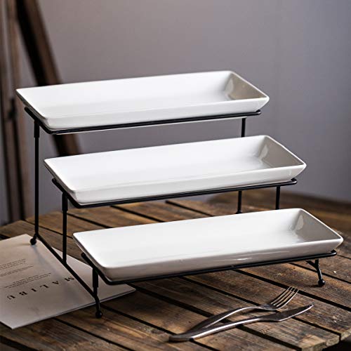 YHOSSEUN 3 Tier Serving Stand Tiered Serving Stand With 3 Porcelain Serving Platters Trays For Dessert Server Display Collapsible Sturdier Metal Rack Large size 14 inch