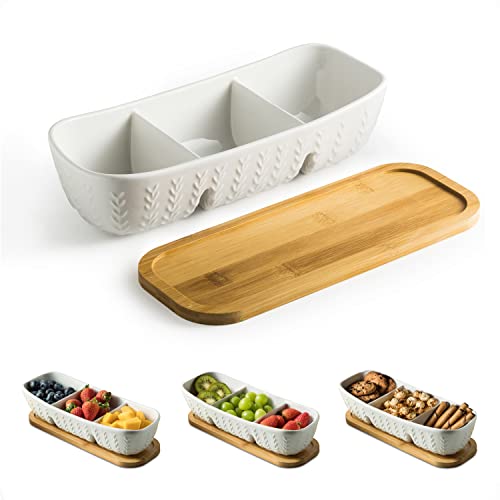 Chip and Dip Serving Set with Acacia Wood Serving Tray, Majolica Salsa Turtles - Condiment Tray for Snacks, Appetizers, Charcuterie, Candy, Food, Divided Party Serving Trays