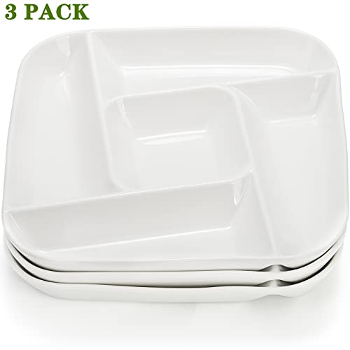 DEAYOU 3 Pack Ceramic Chip and Dip Serving Tray, Porcelain Divided Serving Platter, 10" Decorative Sectional Appetizer Plate, 5-Compartment Stoneware Relish Fruit Dish for Veggie, Snack, Entertaining
