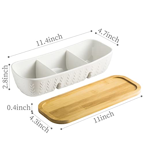 Chip and Dip Serving Set with Acacia Wood Serving Tray, Majolica Salsa Turtles - Condiment Tray for Snacks, Appetizers, Charcuterie, Candy, Food, Divided Party Serving Trays