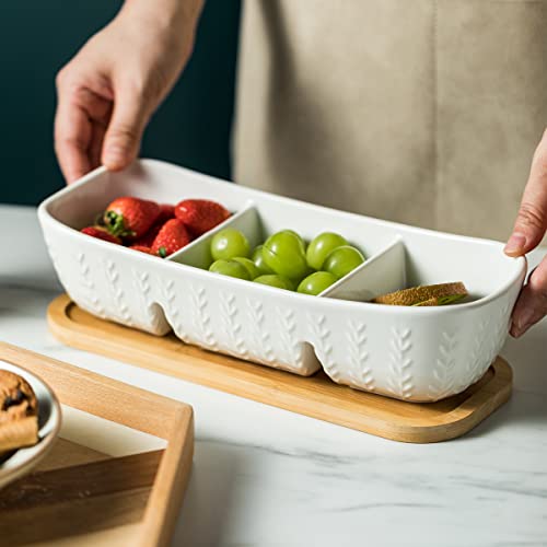 Chip and Dip Serving Set with Acacia Wood Serving Tray, Majolica Salsa Turtles - Condiment Tray for Snacks, Appetizers, Charcuterie, Candy, Food, Divided Party Serving Trays