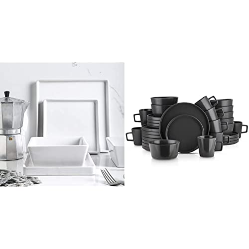 Stone Lain Grace Square Stoneware Dinnerware Set, 24 Piece Service For 8, White & Coupe Dinnerware Set, Service For 8, Black Matte, 32 Piece