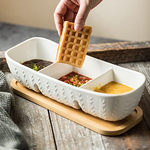 Chip and Dip Serving Set with Acacia Wood Serving Tray, Majolica Salsa Turtles - Condiment Tray for Snacks, Appetizers, Charcuterie, Candy, Food, Divided Party Serving Trays