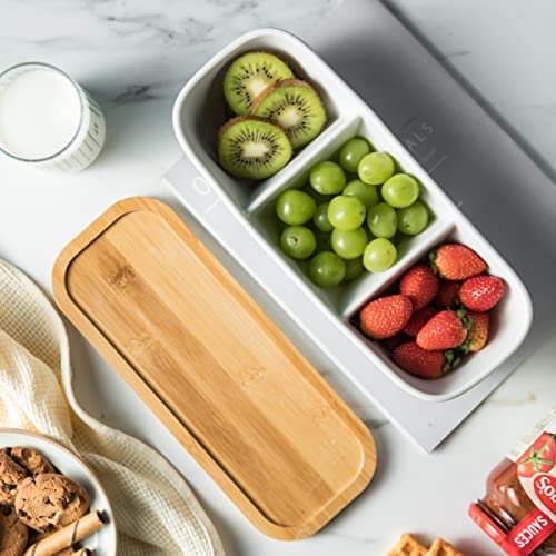 Chip and Dip Serving Set with Acacia Wood Serving Tray, Majolica Salsa Turtles - Condiment Tray for Snacks, Appetizers, Charcuterie, Candy, Food, Divided Party Serving Trays