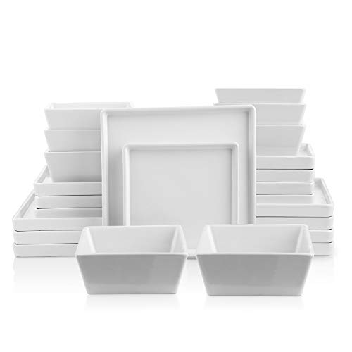 Stone Lain Grace Square Stoneware Dinnerware Set, 24 Piece Service For 8, White & Coupe Dinnerware Set, Service For 8, Black Matte, 32 Piece