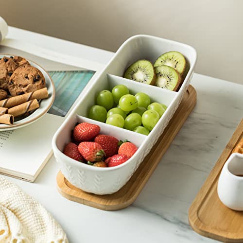 Chip and Dip Serving Set with Acacia Wood Serving Tray, Majolica Salsa Turtles - Condiment Tray for Snacks, Appetizers, Charcuterie, Candy, Food, Divided Party Serving Trays