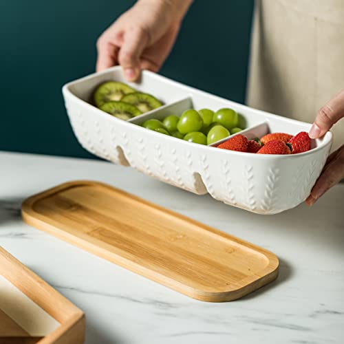 Chip and Dip Serving Set with Acacia Wood Serving Tray, Majolica Salsa Turtles - Condiment Tray for Snacks, Appetizers, Charcuterie, Candy, Food, Divided Party Serving Trays