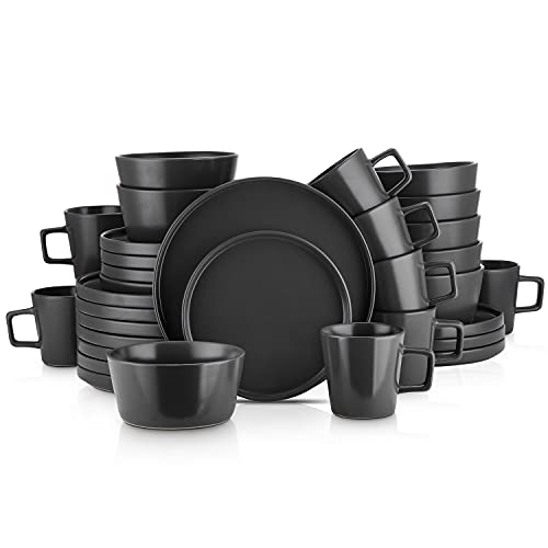 Stone Lain Grace Square Stoneware Dinnerware Set, 24 Piece Service For 8, White & Coupe Dinnerware Set, Service For 8, Black Matte, 32 Piece