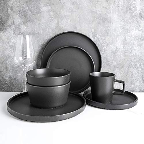 Stone Lain Grace Square Stoneware Dinnerware Set, 24 Piece Service For 8, White & Coupe Dinnerware Set, Service For 8, Black Matte, 32 Piece