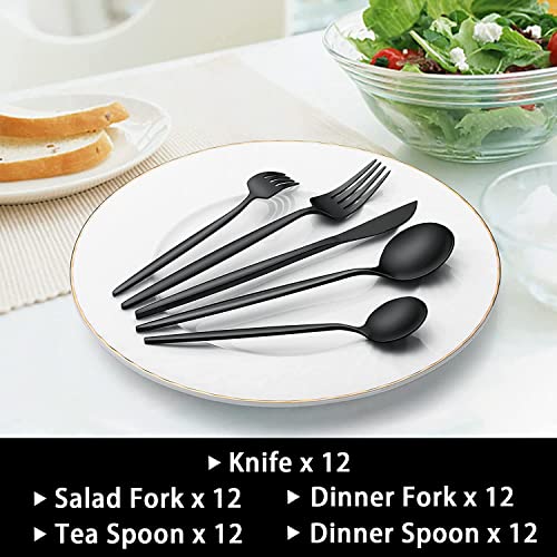 60-Piece Black Silverware Set, Flatware Set for 12, Food-Grade Stainless Steel Tableware Cutlery Set, Utensil Sets Kitchen Cutlery for Home Office Restaurant Hotel