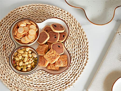 ONEMORE Chip and Dip Serving Set, 10 inch Ceramic Divided Serving Platter Large Appetizer Tray with 4 Removable Dishes for Nuts, Candy, Snacks, Veggies, Creamy White Serving Bowls for Entertaining