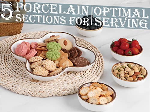 ONEMORE Chip and Dip Serving Set, 10 inch Ceramic Divided Serving Platter Large Appetizer Tray with 4 Removable Dishes for Nuts, Candy, Snacks, Veggies, Creamy White Serving Bowls for Entertaining