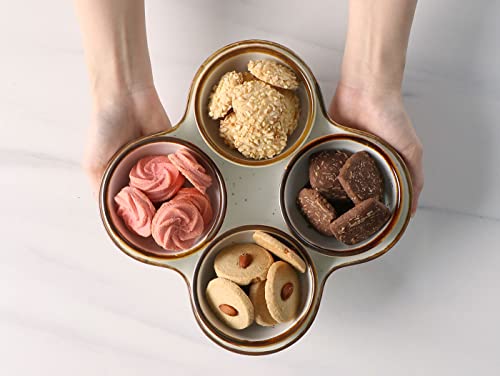 ONEMORE Chip and Dip Serving Set, 10 inch Ceramic Divided Serving Platter Large Appetizer Tray with 4 Removable Dishes for Nuts, Candy, Snacks, Veggies, Creamy White Serving Bowls for Entertaining