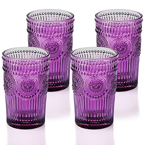 GLASS SMILE 4 Pack Romantic Water Glasses-12 OZ Purple Vintage Drinking Glasses Tumblers for Whisky, Beer, Juice, Beverages, Cocktail