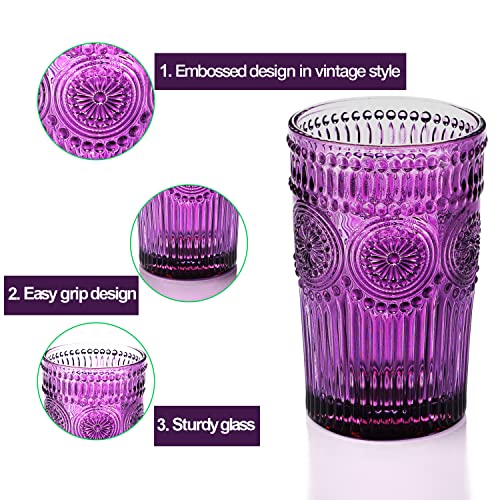 GLASS SMILE 4 Pack Romantic Water Glasses-12 OZ Purple Vintage Drinking Glasses Tumblers for Whisky, Beer, Juice, Beverages, Cocktail