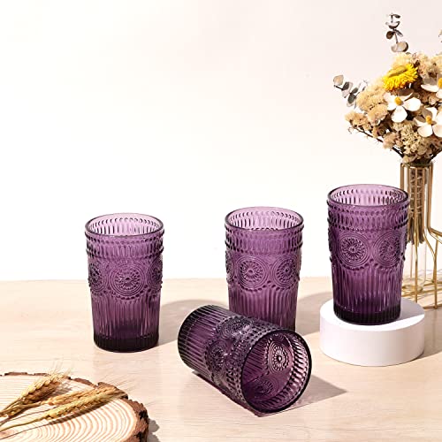 GLASS SMILE 4 Pack Romantic Water Glasses-12 OZ Purple Vintage Drinking Glasses Tumblers for Whisky, Beer, Juice, Beverages, Cocktail