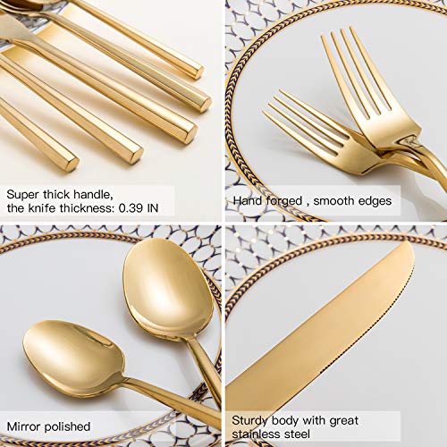 Kelenfer Flatware Cutlery Set Shiny Gold with Hexagon Handle Forged Stainless Steel For Home Hotel Use Service for 4
