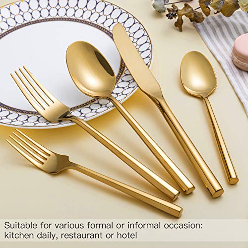 Kelenfer Flatware Cutlery Set Shiny Gold with Hexagon Handle Forged Stainless Steel For Home Hotel Use Service for 4