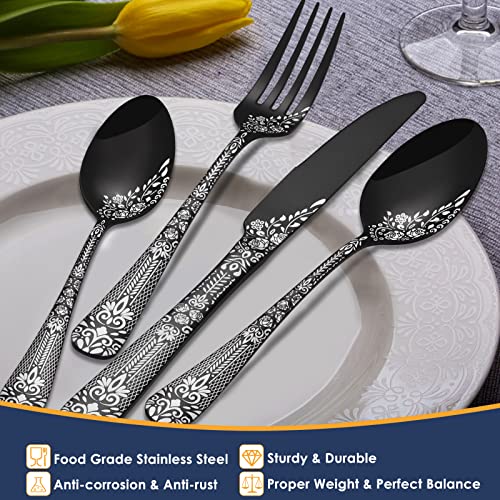 EUIRIO 53-Piece Black Silverware Set with Serving Utensils, Black Flatware Set for 8, Stainless Steel Mirror Cutlery Set, Spoons Forks Knives with Unique Floral Laser, Tableware Set, Dishwasher Safe