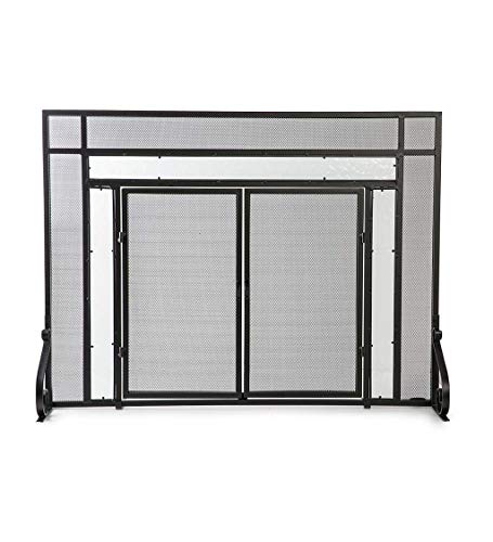Plow & Hearth Metal Fireplace Screen Glass Flatguard Black | 38" W x 31" H | 2 - Door | Spark Guard Indoor Grate | Iron Fire Place Cover | Wood Burning Stove Decorative Accessories
