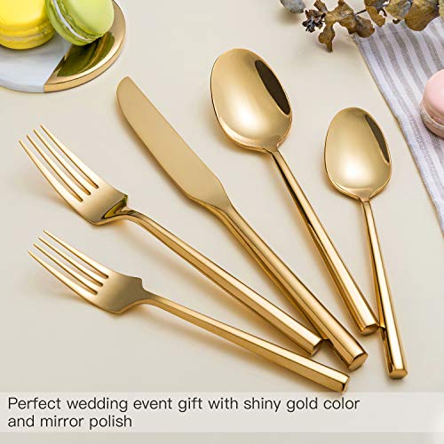 Kelenfer Flatware Cutlery Set Shiny Gold with Hexagon Handle Forged Stainless Steel For Home Hotel Use Service for 4
