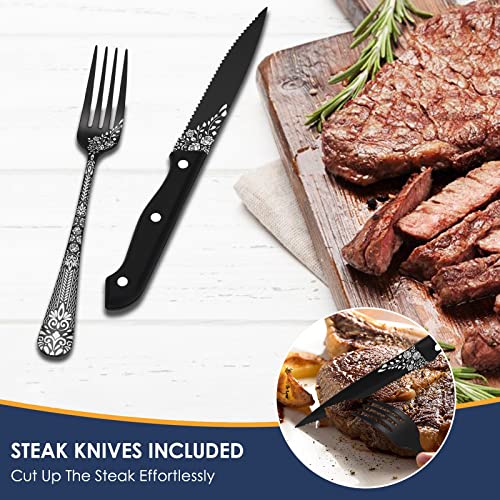 EUIRIO 53-Piece Black Silverware Set with Serving Utensils, Black Flatware Set for 8, Stainless Steel Mirror Cutlery Set, Spoons Forks Knives with Unique Floral Laser, Tableware Set, Dishwasher Safe