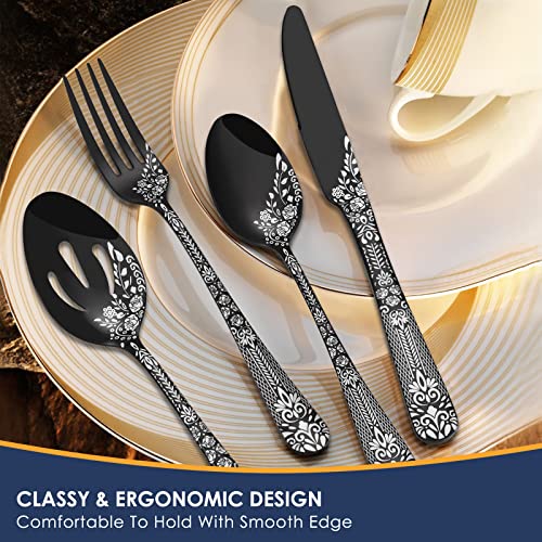 EUIRIO 53-Piece Black Silverware Set with Serving Utensils, Black Flatware Set for 8, Stainless Steel Mirror Cutlery Set, Spoons Forks Knives with Unique Floral Laser, Tableware Set, Dishwasher Safe