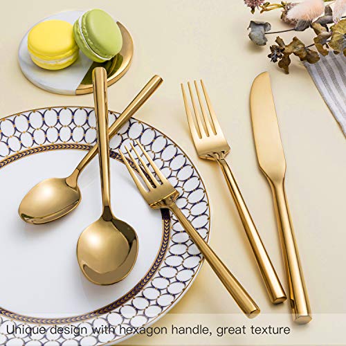 Kelenfer Flatware Cutlery Set Shiny Gold with Hexagon Handle Forged Stainless Steel For Home Hotel Use Service for 4