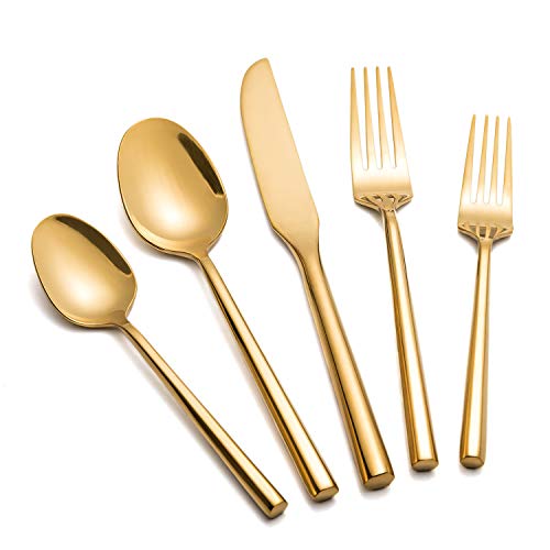 Kelenfer Flatware Cutlery Set Shiny Gold with Hexagon Handle Forged Stainless Steel For Home Hotel Use Service for 4