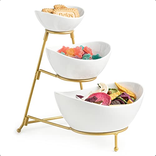 3-Tier Serving Bowl Set Tiered Serving Tray for Chips and Dip Serving Dishes for Entertaining Perfect for Candy, Appetizer, Chips and Salad Snack Packets Party Table Display Set Gold Stand