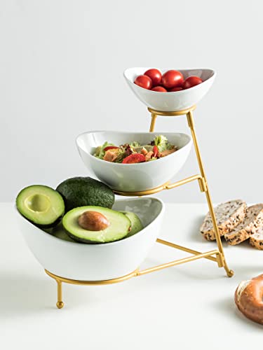 3-Tier Serving Bowl Set Tiered Serving Tray for Chips and Dip Serving Dishes for Entertaining Perfect for Candy, Appetizer, Chips and Salad Snack Packets Party Table Display Set Gold Stand